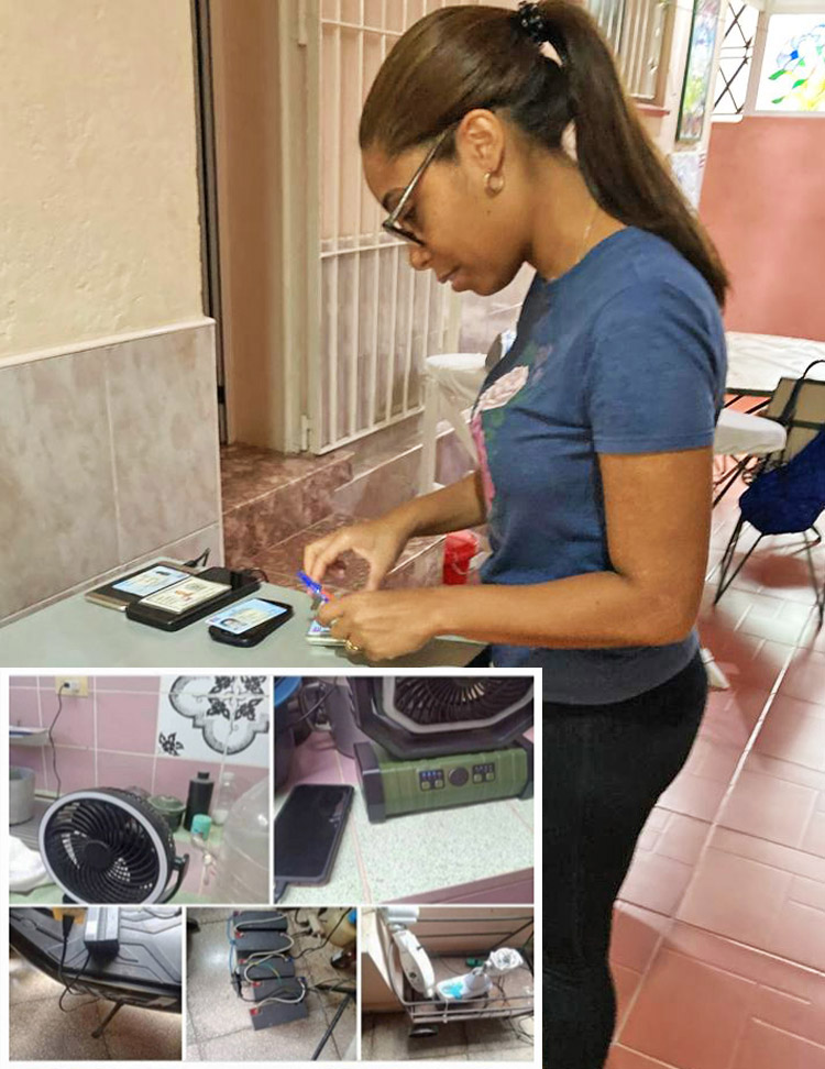 Isbel González charge les téléphones portables des voisins à Casa Vera, une résidence étudiante privée qui a mis son générateur d’électricité à la disposition de la communauté pendant la panne d’électricité. En médaillon, publication en ligne de Dania Murciano, résidente de Holguín, dans l’est de Cuba, avec une photo d’appareils en cours de charge. Son message dit : « Vous pouvez toujours venir ici pour charger. C’est le moment de se donner la main. »