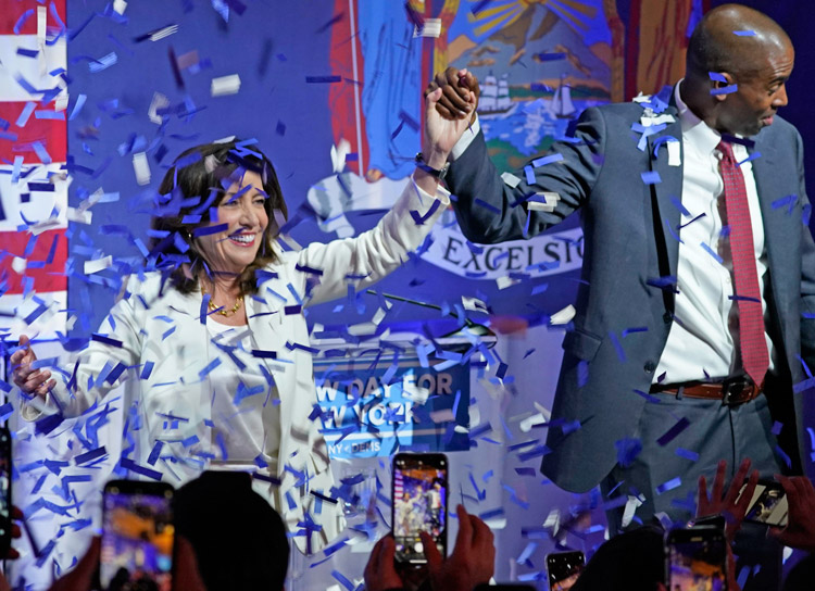 New York Gov. Kathy Hochul and Lt. Gov. Antonio Delgado at primary election night party, June 28, 2022, in New York. Democratic-backed Proposition 1, falsely posed as a road to expand political rights, is in reality the opposite, a “woke” move to strengthen capitalist politics.