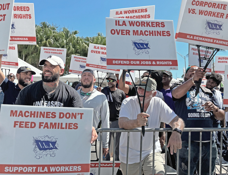 Cientos de trabajadores portuarios miembros de ILA en piquete en Port of Miami, octubre 2. Unos 45,000 estibadores están en huelga en 36 puertos en EE.UU., desde Maine hasta Texas.