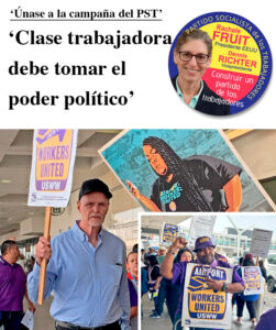 Dennis Richter (izq.), candidato del PST para vicepresidente, se unió a piquete de 200 trabajadores del sindicato SEIU en el aeropuerto de Los Angeles, oct. 11. Exigen mejores salarios.