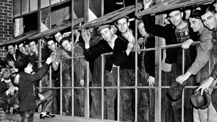 Sit-down strikers, new members of United Auto Workers union, in Ford assembly plant in Kansas City, Missouri, April 1937. Transitional program was discussed, adopted by SWP on heels of these stormy events.