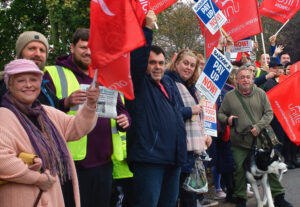 Unite union members picket Oct. 15 demanding higher wages at Bakkavor in Spalding, England. Strikers have called solidarity march from the picket line to the town center for Oct. 22.