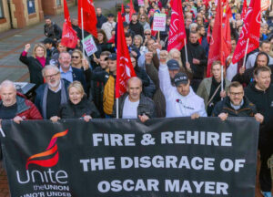 Members of Unite union on strike against Oscar Mayer rally in Wrexham, Wales, Oct. 18 against company demands for wage cuts that include reducing breaks and not paying for them.