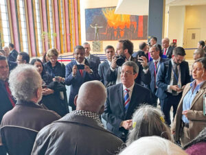 Cuban Minister of Foreign Affairs Bruno Rodríguez, center, addresses supporters Oct. 30 at U.N. where resolution against U.S. embargo on Cuba passed 187-2 with one abstention.