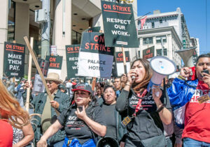 Hotel workers rally in San Francisco Sept. 2. Hotel workers, port workers, unionists around the country are fighting for higher wages, defense against inflation, more hiring, livable schedules. Before and since elections, more workers are using unions to fight attacks by bosses, gov’t.