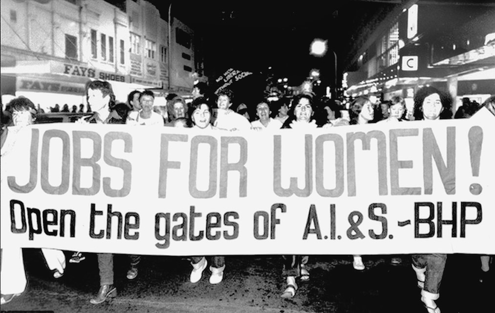 Contingent in International Women’s Day march, Wollongong, Australia, March 1984. Successful fight forced Port Kembla BHP steelworks to end ban and hire hundreds of women.