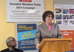 Rachele Fruit, SWP candidate for president, speaks in Washington, D.C., Oct. 26, alongside James Harris, SWP candidate for Congress. “We need to build a party of labor,” she said.