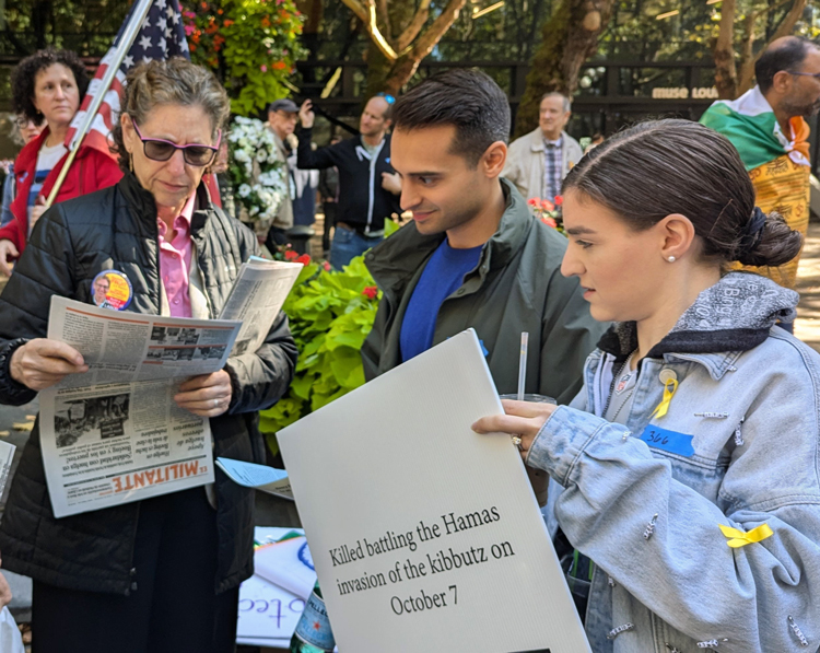 SWP presidential candidate Rachele Fruit, left, joined Oct. 6 rally in Seattle against Hamas pogrom in Israel Oct. 7, 2023. “We defend Israel as a refuge against Jew-hatred,” Fruit said.