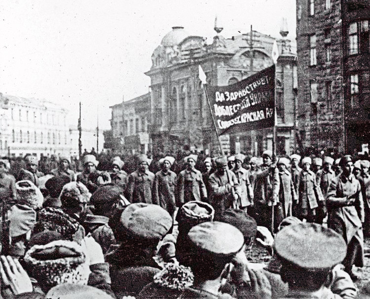 Red Army troops in Kharkiv, Ukraine, Dec. 8, 1917. Bolshevik Revolution put Russian workers and peasants in power, ended Moscow’s involvement in World War I, and overturned czar’s “prison house of nations,” offering self-determination to Ukraine and other nationalities.