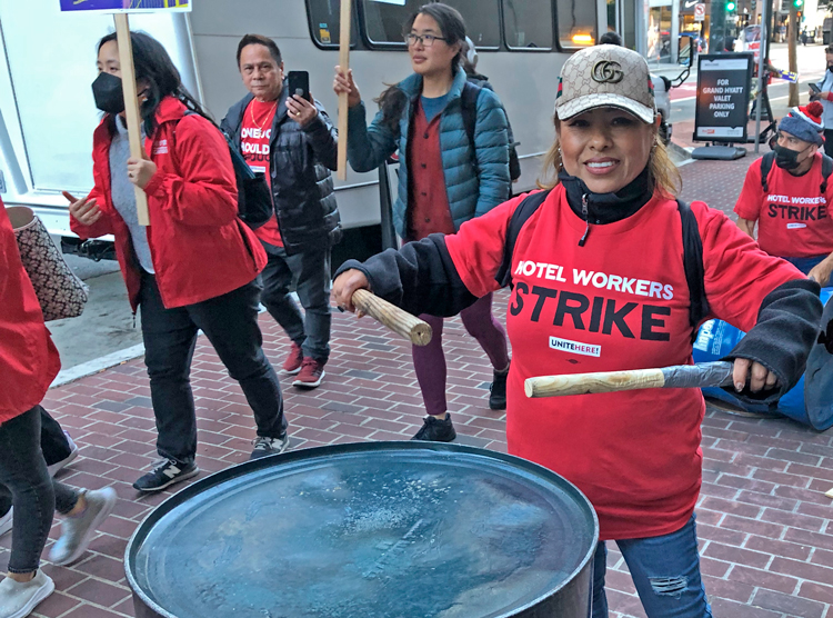 Steel drummers on UNITE HERE picket line outside Grand Hyatt hotel in San Francisco’s Union Square Oct. 30. Some 2,000 strikers joined in protest actions at city’s big hotels there.