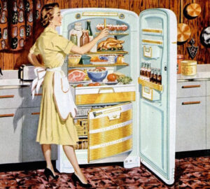 Political offensive after World War II promoted the “feminine mystique.” Aimed at women being replaced in factory jobs by returning soldiers, it told them they were first of all “homemakers” not workers — a trend that was soon reversed as hiring again picked up. Above, 1950s ad for “upside-down refrigerator.” Right, “See Red” 1955 lipstick advertisement.