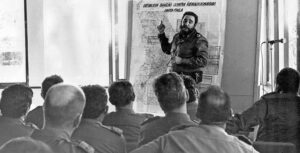 Fidel Castro, leader of Cuban Revolution, explains military situation in Angola to officers of Cuba’s internationalist volunteer military mission in 1976. “Using a map, Fidel led the war as if it was here in Cuba,” Zayas said.