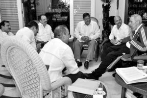 Fidel Castro, leader of Cuba’s socialist revolution, right, greets the Cuban Five at his home Feb. 28, 2015. Clockwise from front left, Antonio Guerrero, René González, Fernando González, Alejandro Castro Espín (Fidel’s nephew), Ramón Labañino and Gerardo Hernández.