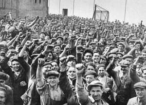 Workers occupy Renault auto plant in France, May 1936, part of wave of sit-down strikes that opened door to socialist revolution. Communist and Socialist parties joined Popular Front government, called for “social harmony” with bosses, demobilized the revolutionary upsurge.