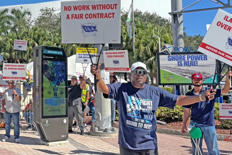 International Longshoremen’s Association members on 3-day strike picket in Miami Oct. 3.