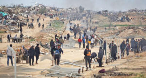 Palestinians heading to northern Gaza Feb. 9. Responsibility for devastation they face is that Hamas uses them as human shields in its assaults on Jews.