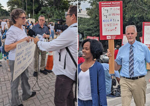 Rachele Fruit, Socialist Workers Party 2024 candidate for president, speaks out against Hamas pogrom in Israel October 2023. Dennis Richter, SWP vice president candidate, joins nurses strike picket line in New Orleans. Campaign set example for party’s 2025 candidates.