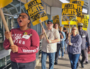 Members of Teamsters Local 745 picket Hertz car rental facility at Dallas Fort Worth airport Jan. 30. The unionists went on strike Jan. 18 for higher wages, better work schedules.