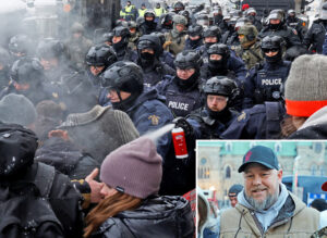 Canadian police pepper-sprayed protesting truckers in Ottawa, February 2022. Pat King, inset, one of the spokespeople for the protest, was convicted, sentenced Feb. 19 to three months of house arrest. The judge admitted his only “crime” was exercising free speech.