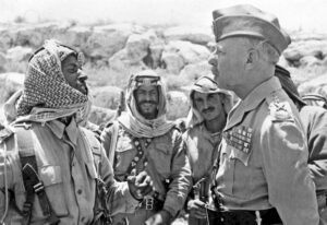 British commander of Transjordan’s Arab Legion, John Bagot Glubb, right, in July 1948. For decades London opposed establishment of Israel. As Israel declared statehood in 1948, London backed war launched by reactionary regimes of Egypt, Iraq, Transjordan, Lebanon and Syria.