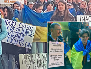 Protesta en Nueva York en defensa de soberanía de Ucrania en tercer año de invasión rusa, 24 de feb. Derecha, Paul Mailhot (izq.), candidato de PST a alcalde de Nueva York en manifestación.