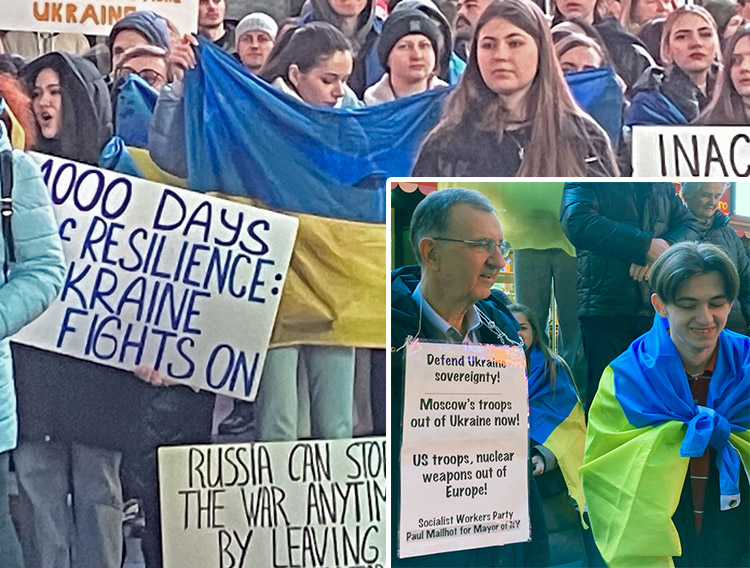 New York protest Feb. 24 backing fight to defend Ukrainian sovereignty after third year of Moscow’s invasion. Inset, Paul Mailhot, left, SWP candidate for mayor of New York, at the rally.