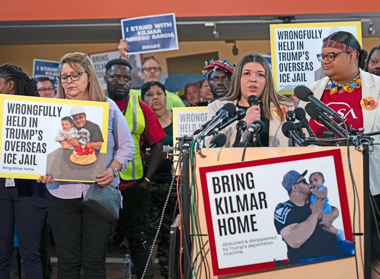 Jennifer Vasquez Sura, wife of Kilmar Abrego Garcia, wrongly deported by Trump administration to El Salvador, speaks at news conference in Maryland, April 4. SMART, Abrego’s union, is setting example for labor movement by pledging to organize, rally, fight until he is home.