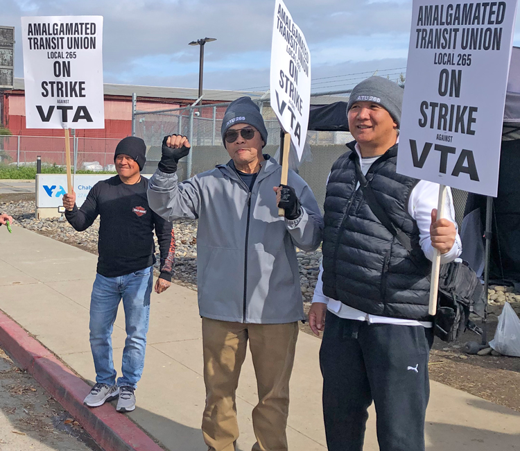 Members of Amalgamated Transit Union in San Jose picket March 17. Judge ordered strikers back to work March 26.