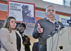 SMART General President Michael Coleman demands return of fellow union member Kilmar Abrego Garcia at news conference in Maryland April 4. Abrego was denied due process, deported, imprisoned in El Salvador. His wife, Jennifer Vasquez Sura, left, is leading the fight.