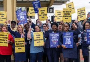 Association of Flight Attendants union members at PSA Airlines picket at Reagan National Airport in Arlington, Virginia, Aug. 18 in long fight for new contract with pay for unpaid work.