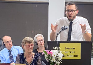 Philippe Tessier, Communist League candidate for mayor of Saint Leonard, speaks in Montreal Aug. 9, with, from left, Kevin Dwire, SWP Minneapolis mayoral candidate; Katy LeRougetel, CL candidate for mayor of Montreal; Joanne Kuniansky, SWP candidate for New Jersey governor.