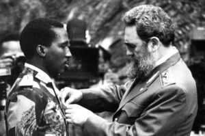 Thomas Sankara, president and leader of revolution in Burkina Faso, is awarded José­ Martí Order by Cuban President Fidel Castro in Havana in 1984. Sankara drew inspiration from Castro, Che Guevara and their internationalist leadership of Cuba’s socialist revolution.