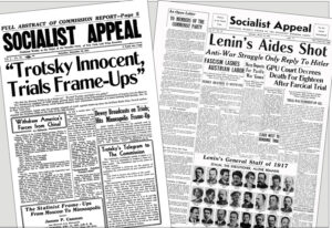 Socialist Appeal, as Militant was then named, reports Dec. 18, 1937, on Dewey Commission’s exposure of Moscow Trials frame-up of Russian revolutionary Leon Trotsky. Issue on March 19, 1938, describes Stalin’s execution of V.I. Lenin’s aides, need to fight imperialist war, fascism.