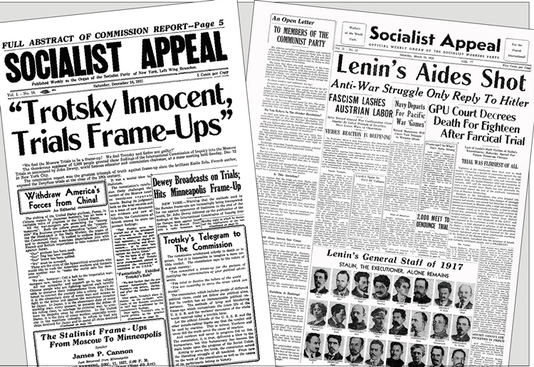 Socialist Appeal, as Militant was then named, reports Dec. 18, 1937, on Dewey Commission’s exposure of Moscow Trials frame-up of Russian revolutionary Leon Trotsky. Issue on March 19, 1938, describes Stalin’s execution of V.I. Lenin’s aides, need to fight imperialist war, fascism.