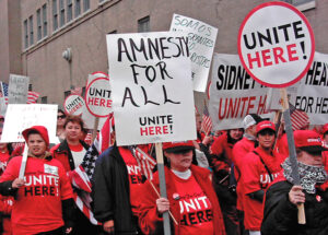 UNITE HERE contingent at Chicago May Day rally of 400,000 in 2006, part of nationwide political strike of millions demanding amnesty for immigrants to unite the working class.