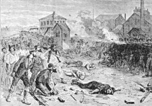 First general strike in U.S. history in 1877, where federal and local governments deployed thugs, cops and troops to crush the workers’ uprising. Above, deadly confrontation in Chicago.