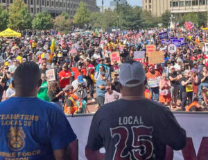 Teamsters on strike against Republic Services filled the stage at Labor Day in Boston Sept. 1. “As long as it takes, we are going to be out there,” striker Kenny Sullivan told the crowd.
