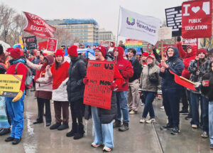 Teachers, students, supporters rally in Edmonton Oct. 27 in support of Alberta teachers strike. Teachers are fighting to end decline of education, reduce class size, win much needed raise.