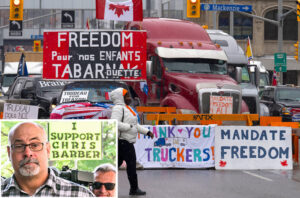 Freedom Convoy truckers protest Canadian government’s vaccine mandate in 2022. Inset, trucker and convoy spokesperson Chris Barber ordered to serve 12 months house arrest Oct. 7.