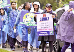 More than 40,000 union health care workers struck Kaiser Permanente Oct. 14-19 in California, Oregon and Hawaii, over wages and safe staffing. Above, strikers in Harbor City, California.