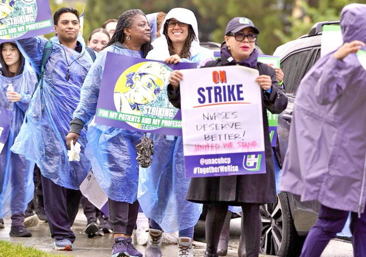More than 40,000 union health care workers struck Kaiser Permanente Oct. 14-19 in California, Oregon and Hawaii, over wages and safe staffing. Above, strikers in Harbor City, California.