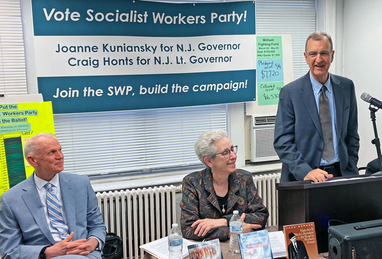 SWP campaign rally in New Jersey. From left, Craig Honts, SWP candidate for N.J. lieutenant governor; Joanne Kuniansky, for governor; Paul Mailhot, for mayor of New York City.
