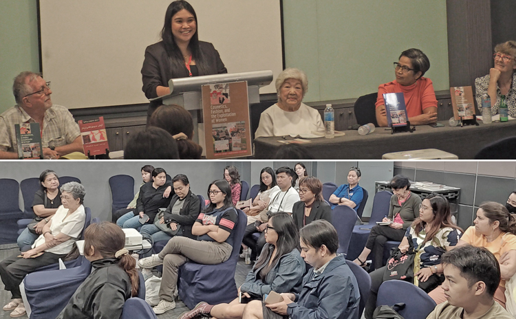 Above, Sept. 13 panel presenting Cosmetics, Fashion, and the Exploitation of Women. From left, Ron Poulsen, Sheila Estrera, Ana Maria “Princess” Nemenzo, Virginia Suarez and Katy LeRougetel. Book was Pathfinder’s highest seller at fair. Below, audience at book launch.