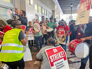Striking hotel workers, members of UNITE HERE Local 274, picket Sheraton Philadelphia Downtown Oct. 6. They’re demanding wage raise, improved health care, end to understaffing