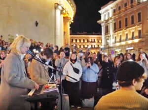 Stoptime band drew hundreds who danced, sang along at its street concerts in St. Petersburg, with songs denouncing Putin regime and its brutal war in Ukraine. From left, lead singer Diana Loginova, guitarist Vladislav Leontyev. At far right, drummer Alexandr Orlov.