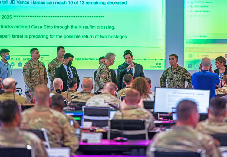 Secretary of State Marco Rubio, center, at U.S.-run Civil-Military Coordination Center in Israel Oct. 24. Center’s main goal is to advance the U.S. imperialist rulers’ interests in the Middle East. Key to this for Washington is restraining Israel from continued efforts to destroy Hamas.