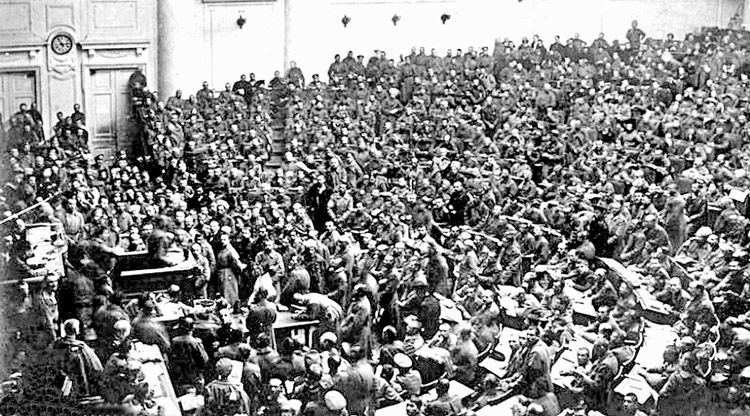 Petrograd Soviet meets amid 1917 Russian Revolution. Bolshevik Party led by V.I. Lenin went from tiny minority in February to leading workers, peasants to overthrow the czar and take power nine months later.
