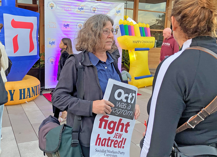 Deborah Liatos brings solidarity from SWP to Hanukkah celebration of over 200 in Culver City, California, Dec. 14. SWP mobilized across the country to build actions against Jew-hatred.