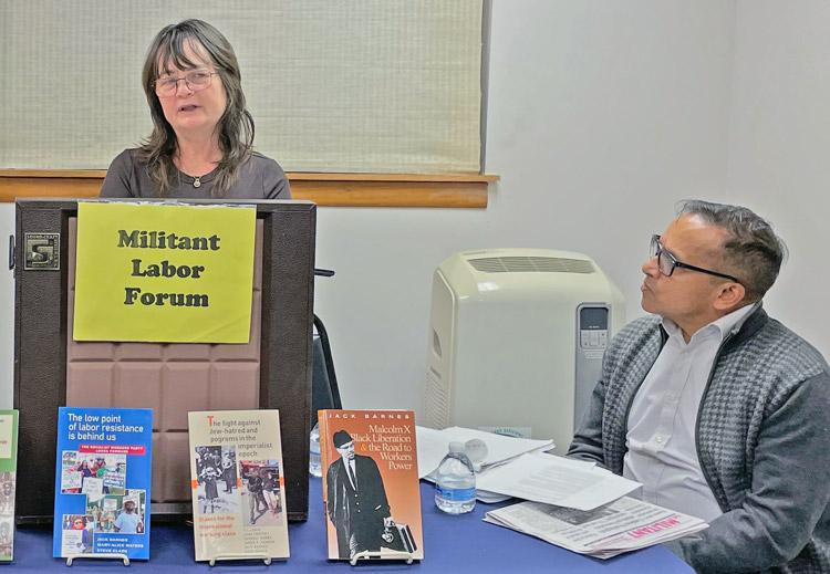 Anh Vongbandith speaks at Jan. 10 forum in Philadelphia on fight by her husband Anou and Kilmar Ábrego García against threats of deportation. At right is SWP member Ved Dookhun.