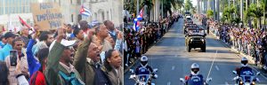 Derecha, cubanos rinden tributo a combatientes cubanos asesinados durante ataque de Washington a Venezuela cuando sus restos fueron trasladados a La Habana. Izquierda, miles marcharon en La Habana al día siguiente, condenando belicismo de Washington, enviando fuerte mensaje de que “defenderán la revolución”.
